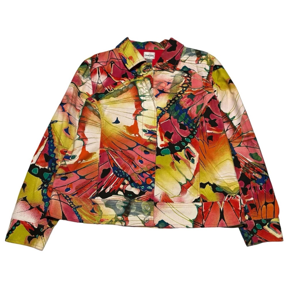 Vintage Chico's Butterfly Multicolor Button Up Lightweight Jacket Women's Medium